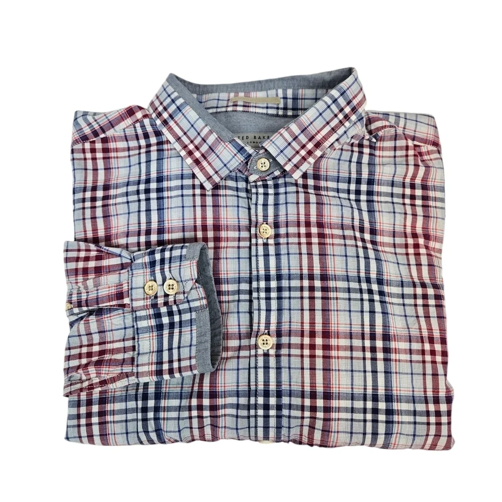 Ted Baker Burgundy & Navy Plaid Casual Button Down Shirts Size XXL Men's F19